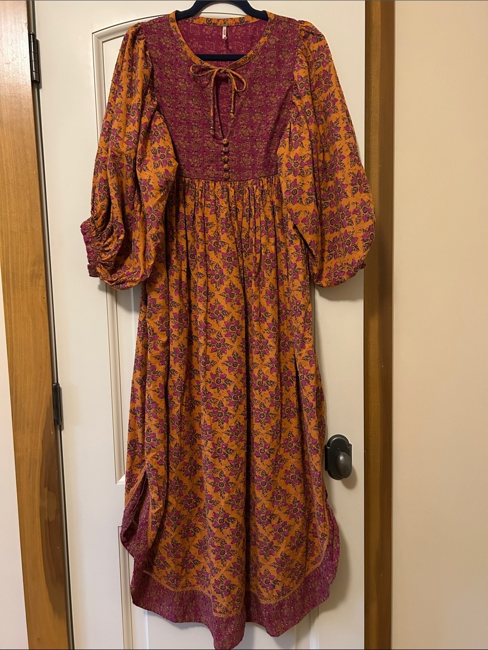 Free People Orange and Plum Floral Boho Long Sleeve Maxi Dress